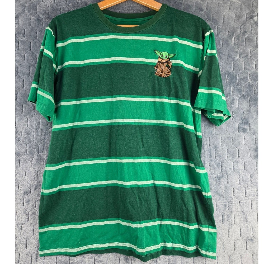 Star Wars Mad‎ Engine Grogu Baby Yoda Green Striped Embroidered T-Shirt Large